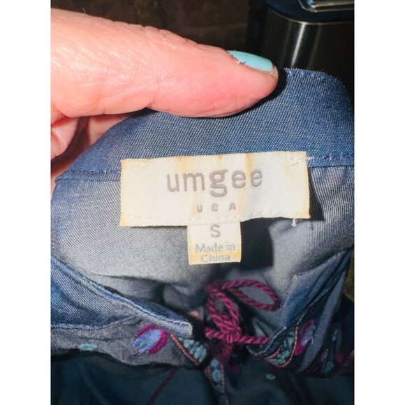 Umgee Babydoll S Blue Tencel Embroidered Boho Peasant Dress Balloon Slv Cottage - Picture 7 of 11